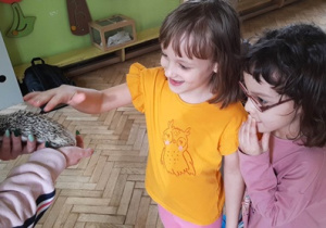 Dziewczynki obserwują jeżyka
