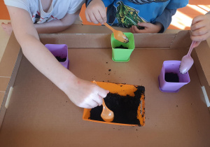 Dzieci wsypują ziemię do pojemników